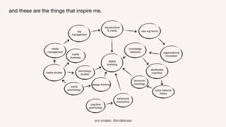 and these are the things that inspire me. 
digital 
branding 
knowledge 
networks organizational 
ana andjelic, @andjelicaaa 
innovation 
new org forms 
org structure 
& media 
distributed 
cognition 
actor-network 
theory 
org 
management 
media 
management 
media studies 
media 
business 
technology 
studies 
social 
psychology 
cognitive 
psychology 
economic 
design thinking sociology 
behavioral 
economics 
 
