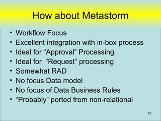 How about Metastorm
•   Workflow Focus
•   Excellent integration with in-box process
•   Ideal for “Approval” Processing
•   Ideal for “Request” processing
•   Somewhat RAD
•   No focus Data model
•   No focus of Data Business Rules
•   “Probably” ported from non-relational
                                                52
 
