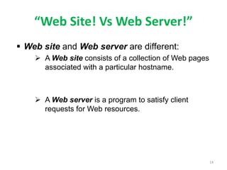 “Web Site! Vs Web Server!”
 Web site and Web server are different:
 A Web site consists of a collection of Web pages
associated with a particular hostname.
 A Web server is a program to satisfy client
requests for Web resources.
14
 