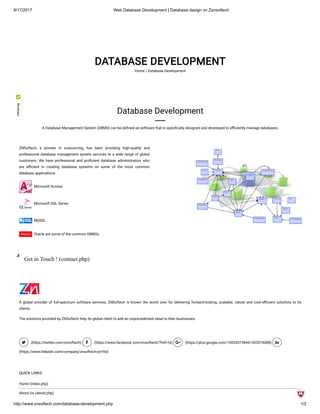 8/17/2017 Web Database Development | Database design on Zsnsoftech
http://www.znsoftech.com/database-development.php 1/2
DATABASE DEVELOPMENT
Home / Database Development
Database Development
A Database Management System (DBMS) can be de ned as software that is speci cally designed and developed to e ciently manage databases.
ZNSoftech, a pioneer in outsourcing, has been providing high-quality and
professional database management system services to a wide range of global
customers. We have professional and pro cient database administrators who
are e cient in creating database systems on some of the most common
database applications.
  Microsoft Access
  Microsoft SQL Server
  MySQL
  Oracle are some of the common DBMSs.
Get in Touch ! (contact.php)
A global provider of full-spectrum software services, ZNSoftech is known the world over for delivering forward-looking, scalable, robust and cost-e cient solutions to its
clients.
The solutions provided by ZNSoftech help its global client to add an unprecedented value to their businesses.
 (https://twitter.com/znsoftech)  (https://www.facebook.com/znsoftech/?fref=ts)  (https://plus.google.com/100204738461453574088) 
(https://www.linkedin.com/company/znsoftech-pvt-ltd)
QUICK LINKS
Home (index.php)
About Us (about.php)
 