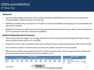 ODEN and MAGNUS
3rd Party Test
Background
•

Assessed video/imagery acceleration with a network accelerator (MAGNUS) on the client side and compression
software (ODEN) on both the server and client side

•

MAGNUS provided for the acceleration of TCP traffic to maximize bandwidth and throughput on low bandwidth and
high latency networks

•

MAGNUS functioned as a performance enhancing proxy for file transfer protocol using a client-to-server architecture
for TCP acceleration with data compression capabilities

Network Configuration and Test Scenarios
•

Client connected to the target server through the National Institute of Standards Technology (NIST) Net Emulator,
which introduced delay and bit error rate (BER)

•

All data flow, server states, and switch states were monitored without introducing extraneous traffic to the network

•

Test scenarios emulated a standard wired connection and satellite connection at varying speeds

•

BER during all scenarios was configured to 1x10-9 to reflect average number of errors experienced on satellite and
wired connections where collisions and errors are likely to occur
File and Format Size
Speed
1.5Mbps
25Mbps

DOC
25Mb
50Mb

11/21/2013

JPEG JPEG2000
5Mb
13Mb
5Mb
13Mb

PPT
25Mb
50Mb

WMV
22Mb
40Mb

MPEG4
20Mb
20Mb

Transfer Protocols
MPEG2 MoJPEG
20Mb
33Mb
20Mb
33Mb

BMP
40Mb
40Mb

NITF
100Mb
100Mb

GeoTIF
450Mb
450Mb

Protocol
ODEN
HTTP
FTP

Application
Verison
ODEN Script
Microsoft Internet Explorer 7.0.5730.13
FileZilla
3.0.11

6

 