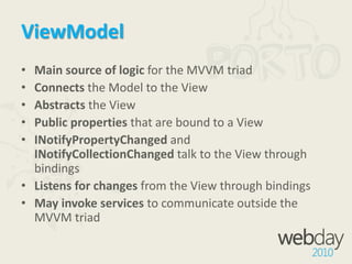ViewThe screen, the UI, the UserControl in SilverlightHandles UI look and feelPresentation of informationCommunicates with ViewModel through bindings