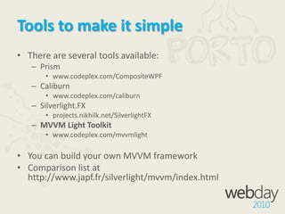 ICommand interfaceAvailable in Silverlight 4ButtonBase and Hyperlink now have Command and CommandParameter properties<Button Content="Load Products" Width="120"  Command="{Binding FindMatchingProducts}"  CommandParameter="{Binding Path=Text, ElementName=CostThresholdFilter}"/>public interface ICommand{boolCanExecute(Object parameter);	void Execute(Object parameter);	event EventHandlerCanExecuteChanged;)