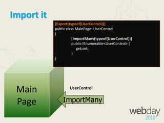 Export it[Export(typeof(UserControl))]public class Widget1 : UserControl{	public string Message {	     get{return(string) Button.Content;}                    set{Button.Content=value;}               }}Widget1UserControlExport