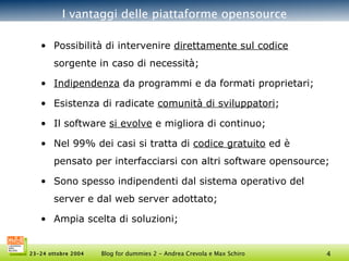 I vantaggi delle piattaforme opensource Possibilità di intervenire  direttamente sul codice  sorgente in caso di necessità; Indipendenza  da programmi e da formati proprietari; Esistenza di radicate  comunità di sviluppatori ;  Il software  si evolve  e migliora di continuo; Nel 99% dei casi si tratta di  codice gratuito  ed è pensato per interfacciarsi con altri software opensource; Sono spesso indipendenti dal sistema operativo del server e dal web server adottato; Ampia scelta di soluzioni; 