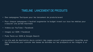 TIMELINE LANCEMENT DE PRODUITS
• D e s c a m p a g n e s Ta c t i q u e s p o u r l e s l a n c e m e n t d e p r o d u i t s / e v e n t
• P o u r c h a q u e c a m p a g n e s i l f a u d r a i t a u g m e n t e r l e b u d g e t i n v e s t i s u r t o u s l e s m é d i a s p o u r
s ’ a s s u r e r u n e p o r t é e m a x i m a l e
• V i d é o s s u r Yo u Tu b e / F a c e b o o k
• I m a g e s s u r G D N / F a c e b o o k
• P u b s Te x t e s u r G D N e t G o o g l e S e a r c h
• L e s i t e w e b d e d e s t i n a t i o n d e v r a c o n t e n i r d e s p a g e s a c c u e i l s o i g n e u s e m e n t t r a v a i l l é s a v e c
d e s f o r m u l a i r e s p o u r c u m u l e r d e s b a s e s d e d o n n é e s s u r l e s p r o s p e c t s e t l e s i n t é g r e r à u n
C R M
 