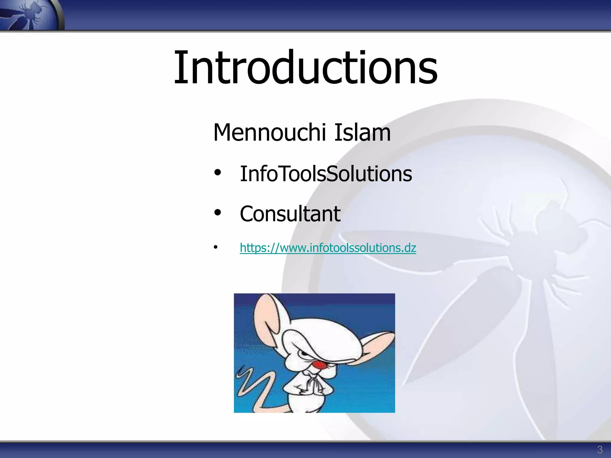 3
Introductions
Mennouchi Islam
• InfoToolsSolutions
• Consultant
• https://www.infotoolssolutions.dz
 