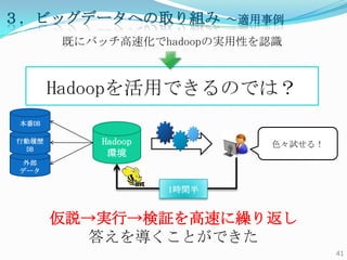 ӥåǩ`ؤȡ             m
        Ȥ˥ХåٻhadoopΌgԤJR



        HadoopäǤΤǤϣ
 DB

ЄĚs       Hadoop             ɫԇ룡
 DB
            h
  ⲿ
 ǩ`

                    1rg


        hgС^٤R귵
           𤨤򌧤ȤǤ
                                       41
 