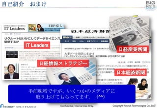 自己紹介 おまけ

手前味噌ですが、いくつかのメディアに
取り上げてもらってます。（^^）
Confidential, Internal Use Only.

3
Copyright Recruit Technologies Co.,Ltd.

 