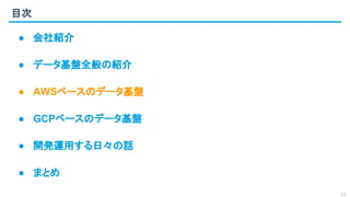 目次
12
● 会社紹介
● データ基盤全般の紹介
● AWSベースのデータ基盤
● GCPベースのデータ基盤
● 開発運用する日々の話
● まとめ
 