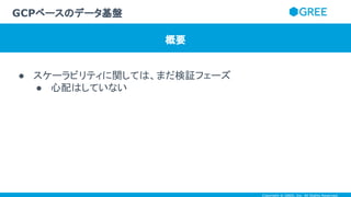 Copyright © GREE, Inc. All Rights Reserved.
● スケーラビリティに関しては、まだ検証フェーズ
● 心配はしていない
GCPベースのデータ基盤
概要
 