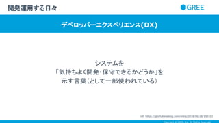 Copyright © GREE, Inc. All Rights Reserved.
システムを
「気持ちよく開発・保守できるかどうか」を
示す言葉（として一部使われている）
開発運用する日々
デベロッパーエクスペリエンス(DX)
ref. https://gfx.hatenablog.com/entry/2018/06/28/100103
 