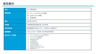 会社紹介
3
社名 グリー株式会社
事業内容 ● ゲーム・ライブエンタメ事業
● 広告・メディア事業
● 投資事業
設立 2004年12月7日
代表者 代表取締役会長兼社長　田中良和
本社所在地 東京都港区六本木 6-10-1　六本木ヒルズ森タワー
従業員数 1,531人（グループ全体・ 2018年6月末現在）
主なグループ企業 ● グリービジネスオペレーションズ株式会社
● グリーベンチャーズ株式会社
● ファンプレックス株式会社
● 株式会社ポケラボ
● リミア株式会社
● 株式会社ExPlay
● Glossom株式会社
● GREE VR Capital, LLC.
● 株式会社Wright Flyer Studios
● 株式会社３ミニッツ
 