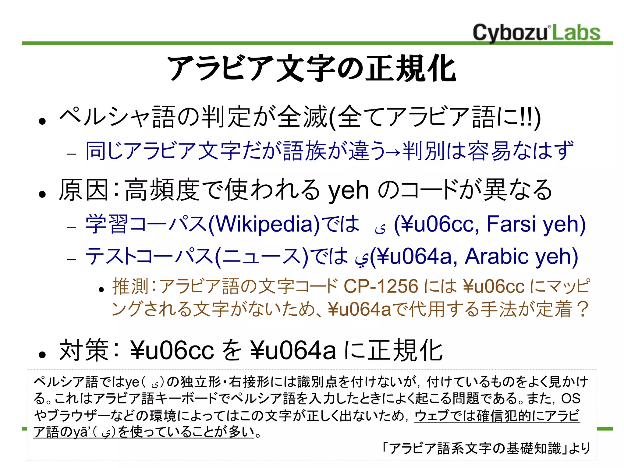 アラビア文字の正規化
 ペルシャ語の判定が全滅(全てアラビア語に!!)
 同じアラビア文字だが語族が違う→判別は容易なはず
 原因：高頻度で使われる yeh のコードが異なる
 学習コーパス(Wikipedia)では ‫ی‬ (¥u06cc, Farsi yeh)
 テストコーパス(ニュース)では ‫¥(ي‬u064a, Arabic yeh)
 推測：アラビア語の文字コード CP-1256 には ¥u06cc にマッピ
ングされる文字がないため、¥u064aで代用する手法が定着？
 対策： ¥u06cc を ¥u064a に正規化
ペルシア語ではye（ ‫）ی‬の独立形・右接形には識別点を付けないが，付けているものをよく見かけ
る。これはアラビア語キーボードでペルシア語を入力したときによく起こる問題である。また，OS
やブラウザーなどの環境によってはこの文字が正しく出ないため，ウェブでは確信犯的にアラビ
ア語のyā’（ ‫）ي‬を使っていることが多い。
「アラビア語系文字の基礎知識」より
 