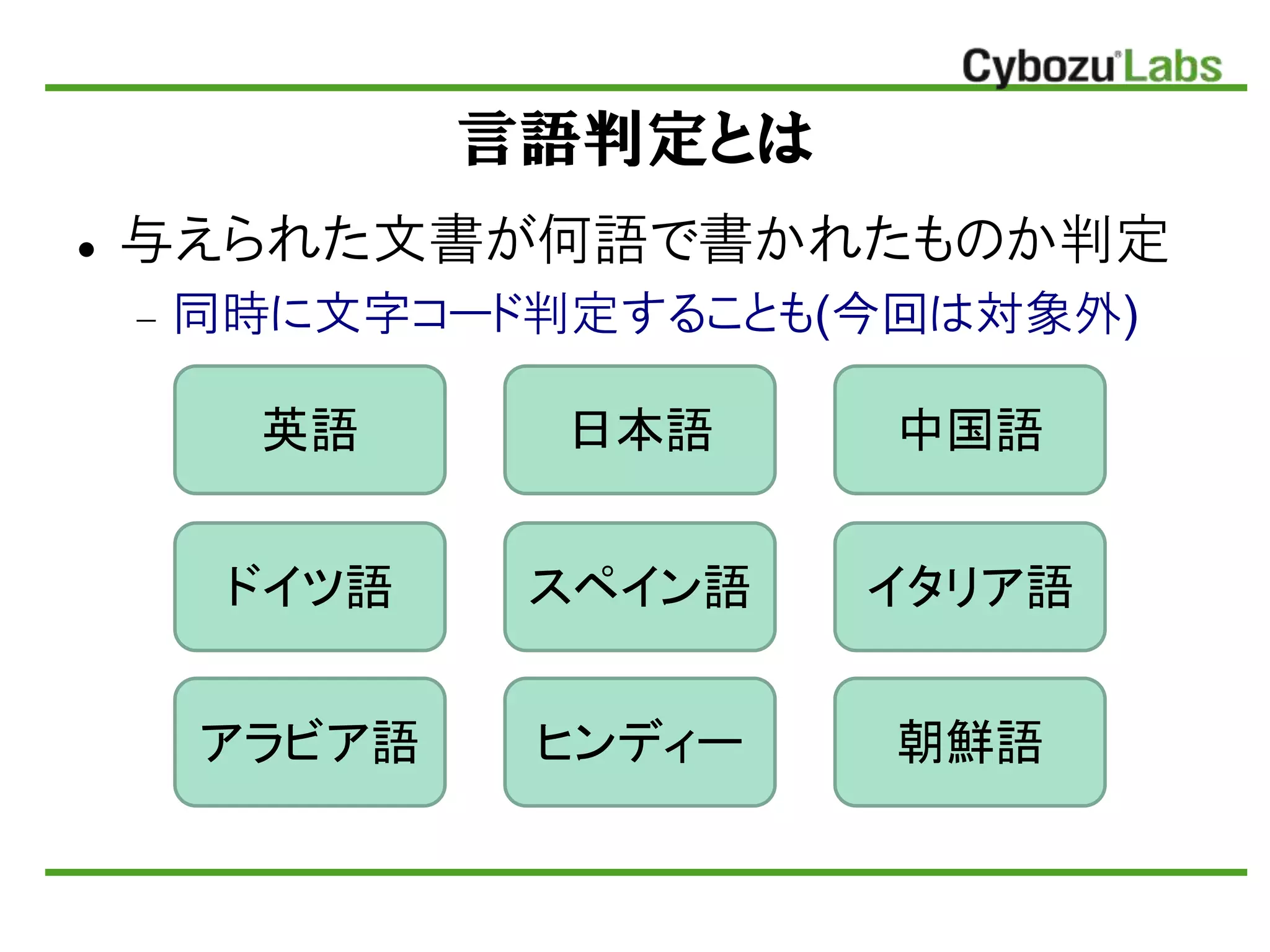 言語判定とは
 不えられた文書が何語で書かれたものか判定
 同時に文字コード判定することも(今回は対象外)
英語
ドイツ語
日本語 中国語
スペイン語 イタリア語
アラビア語 ヒンディー 朝鮮語
 