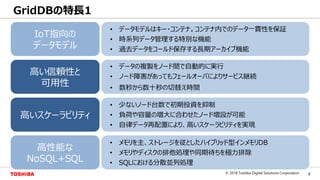 8© 2018 Toshiba Digital Solutions Corporation
Toshiba Confidential
GridDBの特長1
IoT指向の
データモデル
高い信頼性と
可用性
• データの複製をノード間で自動的に実行
• ノード障害があってもフェールオーバによりサービス継続
• 数秒から数十秒の切替え時間
高いスケーラビリティ
• 少ないノード台数で初期投資を抑制
• 負荷や容量の増大に合わせたノード増設が可能
• 自律データ再配置により、高いスケーラビリティを実現
高性能な
NoSQL+SQL
• メモリを主、ストレージを従としたハイブリッド型インメモリDB
• メモリやディスクの排他処理や同期待ちを極力排除
• SQLにおける分散並列処理
• データモデルはキー・コンテナ。コンテナ内でのデータ一貫性を保証
• 時系列データ管理する特別な機能
• 過去データをコールド保存する長期アーカイブ機能
 