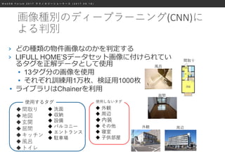 W e b D B F o r u m 2 0 1 7 テ ク ノ ロ ジ ー シ ョ ー ケ ー ス ( 2 0 1 7 . 0 9 . 1 8 )
› どの種類の物件画像なのかを判定する
› LIFULL HOME’Sデータセット画像に付けられてい
るタグを正解データとして使用
• 13タグ分の画像を使用
• それぞれ訓練用1万枚、検証用1000枚
• ライブラリはChainerを利用
 外観
 周辺
内装
 その他
 寝室
 子供部屋
 洗面
 収納
 設備
 バルコニー
 エントランス
 駐車場
使用するタグ 使用しないタグ
外観 周辺
居間
間取り
風呂
間取り
地図
玄関
居間
キッチン
風呂
トイレ
画像種別のディープラーニング(CNN)に
よる判別
 