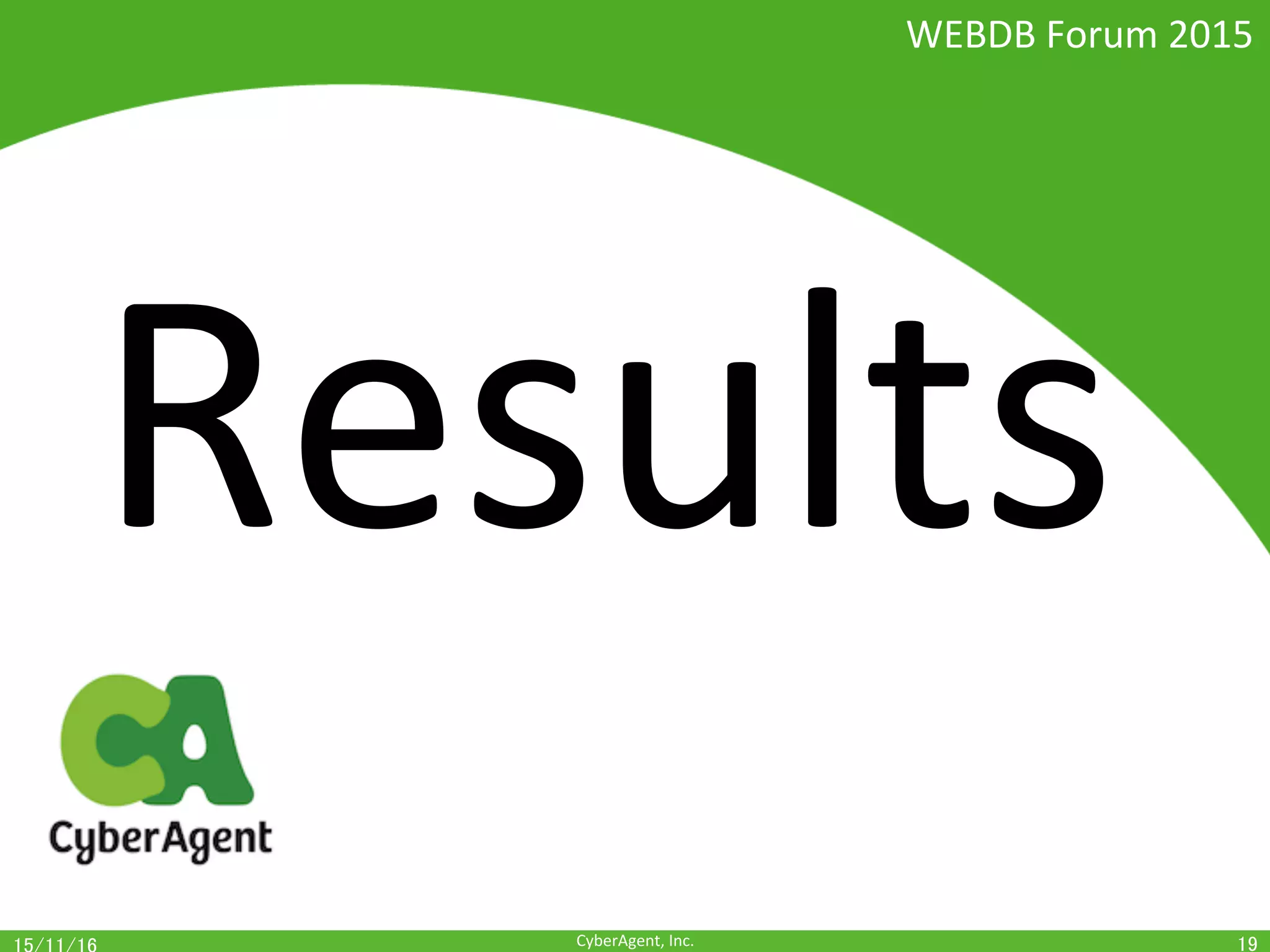 CyberAgent,	Inc.	
Results	
19	
WEBDB	Forum	2015	
 