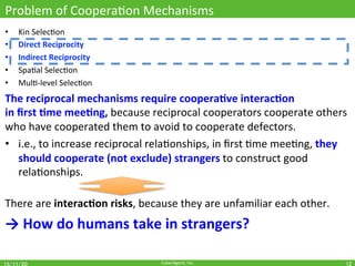 CyberAgent,	Inc.	
Problem	of	CooperaOon	Mechanisms	
•  Kin	SelecOon	
•  Direct	Reciprocity	
•  Indirect	Reciprocity	
•  SpaOal	SelecOon	
•  MulO-level	SelecOon	
The	reciprocal	mechanisms	require	coopera(ve	interac(on		
in	ﬁrst	(me	mee(ng,	because	reciprocal	cooperators	cooperate	others	
who	have	cooperated	them	to	avoid	to	cooperate	defectors.	
•  i.e.,	to	increase	reciprocal	relaOonships,	in	ﬁrst	Ome	meeOng,	they	
should	cooperate	(not	exclude)	strangers	to	construct	good	
relaOonships.	
	
There	are	interac(on	risks,	because	they	are	unfamiliar	each	other.	
→	How	do	humans	take	in	strangers?	
12	
 