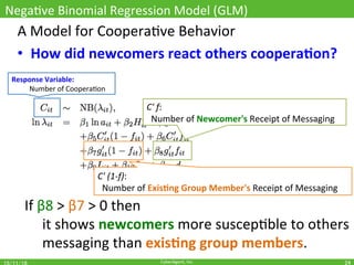 CyberAgent,	Inc.	
NegaOve	Binomial	Regression	Model	(GLM)	
24	
A	Model	for	CooperaOve	Behavior	
•  How	did	newcomers	react	others	coopera(on?	
Response	Variable:		
	Number	of	CooperaOon	
C'	(1-f):		
		Number	of	Exis(ng	Group	Member's	Receipt	of	Messaging	
If	β8	>	β7	>	0	then	
	it	shows	newcomers	more	suscepOble	to	others		
	messaging	than	exis(ng	group	members.	
C'	f:		
		Number	of	Newcomer's	Receipt	of	Messaging	
 