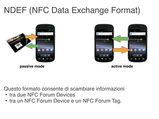 NDEF (NFC Data Exchange Format)




      passive mode                          active mode




Questo formato consente di...