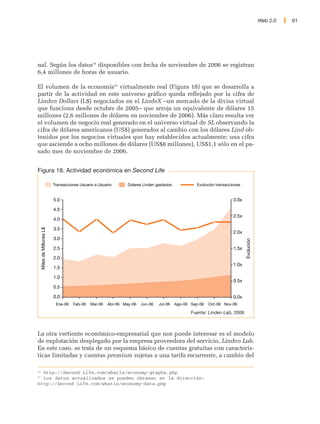 Web 2.0   61




nal. Según los datos54 disponibles con fecha de noviembre de 2006 se registran
6,4 millones de horas de usuario.

El volumen de la economía55 virtualmente real (Figura 18) que se desarrolla a
partir de la actividad en este universo gráfico queda reflejado por la cifra de
Linden Dollars (L$) negociados en el LindeX –un mercado de la divisa virtual
que funciona desde octubre de 2005– que arroja un equivalente de dólares 15
millones (2,6 millones de dólares en noviembre de 2006). Más claro resulta ver
el volumen de negocio real generado en el universo virtual de SL observando la
cifra de dólares americanos (US$) generados al cambio con los dólares Lind ob-
tenidos por los negocios virtuales que hay establecidos actualmente; una cifra
que asciende a ocho millones de dólares (US$8 millones), US$1,1 sólo en el pa-
sado mes de noviembre de 2006.


Figura 18. Actividad económica en Second Life

                            Transacciones Usuario a Usuario      Dolares Linden gastados            Evolución transacciones


                            5.0                                                                                        3.0x

                            4.5
                                                                                                                       2.5x
                            4.0
     Miles de Millones L$




                            3.5
                                                                                                                       2.0x
                            3.0

                            2.5                                                                                        1.5x   Evolución

                            2.0
                                                                                                                       1.0x
                            1.5

                            1.0
                                                                                                                       0.5x
                            0.5

                            0.0                                                                                        0.0x
                             Ene-06   Feb-06   Mar-06   Abr-06 May-06   Jun-06   Jul-06    Ago-06 Sep-06   Oct-06 Nov-06

                                                                                                  Fuente: Linden Lab, 2006



La otra vertiente económico-empresarial que nos puede interesar es el modelo
de explotación desplegado por la empresa proveedora del servicio, Linden Lab.
En este caso, se trata de un esquema básico de cuentas gratuitas con caracterís-
ticas limitadas y cuentas premium sujetas a una tarifa recurrente, a cambio del

54
  http://Second Life.com/whatis/economy-graphs.php
55
  Los datos actualizados se pueden obtener en la dirección:
http://Second Life.com/whatis/economy-data.php
 