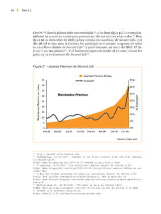 84   Web 2.0




               Center129), Suecia planea abrir una embajada130, e incluso algún político estadou-
               nidense ha creado su avatar para pronunciar ahí sus mítines electorales131. Des-
               de el 16 de diciembre de 2006 ya hay versión en castellano de Second Life, y el
               día 20 del mismo mes la Cadena Ser participó en el primer programa de radio
               en castellano dentro de Second Life132 y poco después, en enero de 2007, El Pa-
               ís abrió ahí un quiosco133. Y el fenómeno sigue creciendo tal y como indican los
               gráficos de crecimiento de Second Life134.


               Figura 21. Usuarios Premium de Second Life


                                                                                   Cuentas Premium Activas
                                                   45                              Evolución                               35%

                                                   40
                     Residentes Premiun en miles




                                                                                                                           30%
                                                   35
                                                                                                                           25%
                                                               Residentes Premiun




                                                                                                                                 % Evolución
                                                   30

                                                   25                                                                      20%

                                                   20                                                                      15%
                                                   15
                                                                                                                           10%
                                                   10
                                                                                                                           5%
                                                    5

                                                   0                                                                       0%
                                                   Ene-05   Abr-05   Jul-05   Oct-05   Ene-06   Abr-06   Jul-06   Oct-06


                                                                                                              Fuente: Linden Lab




               129
                   http://Second Life.reuters.com
               130
                   Boingboing, 27/01/2007, “Sweden to be first country with official embassy
               in Second Life”,
               http://www.boingboing.net/2007/01/27/sweden_to_be_first_c.html
               131
                   Blogpocket, 4/9/2006, “Los políticos también hablan en Second Life”
               http://www.blogpocket.com/blog/2006/09/04/los-politicos-tambien-hablan-en-se-
               cond-life/
               132
                   Video del Primer programa de radio en castellano dentro de Second Life
               http://www.youtube.com/watch?v=tt9QoH71z9c&eurl. MP3 disponible en
               http://www.SecondLifespain.com/index.php?option=com_content&task=view&id=44&I
               temid=47
               133
                   Periodistas 21, 04/01/2007, “El País ya está en Second Life”
               http://periodistas21.blogspot.com/2007/01/el-pas-ya-est-en-second-life.html
               134
                   Second Life Economic Statistics
               http://Second Life.com/whatis/economy-graphs.php
 