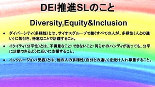DEI推進SLのこと
Diversity,Equity&Inclusion
● ダイバーシティ（多様性）とは、サイオスグループで働くすべての人が、多様性（人との違
い）に気付き、得意なことで活躍すること。
● イクイティ（公平性）とは、不得意なこと・できないこと・何らかのハンディがあっても、公平
に活動できるように互いに支援すること。
● インクルージョン（受容）とは、他の人の多様性（自分との違い）を受け入れ尊重すること。
 