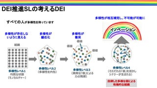 DEI推進SLの考えるDEI
多様性が
顕在化
多様性が存在しな
いように見える
多様性が相互補完し、不可能が可能に
多様性が
衝突
すべての人が多様性を持っています
 