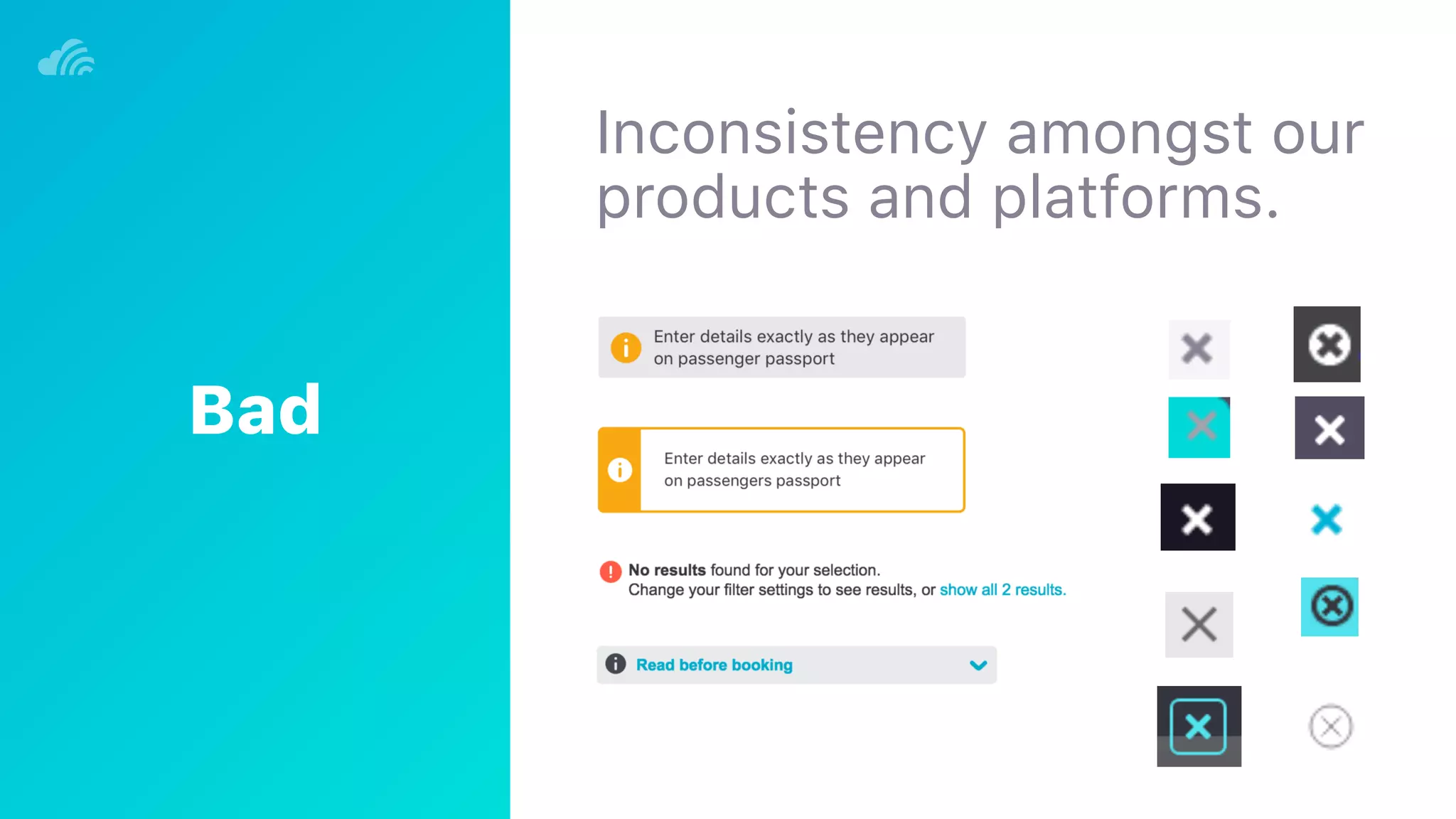 Inconsistency amongst our
products and platforms.
Bad
 