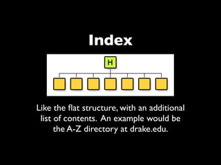 Index



Like the ﬂat structure, with an additional
 list of contents. An example would be
      the A-Z directory at drake.edu.
 