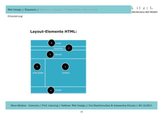Web Design // Klassisch // Modern // Awards // Trends 2012 // Hot vs. Cold

Orienterung




                  Layout-Elemente HTML:




  Neue Medien - Internet // Prof. Lehning // Referat: Web Design // Iris Hachtroudian & Alexandra Günzel // 20.12.2011

                                                           13
 