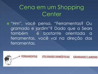  “Hm”, você pensa. “Ferramentas? Ou
gramado e jardim”? Dado que a Sears
também é bastante orientada a
ferramentas, você vai na direção das
ferramentas.
 