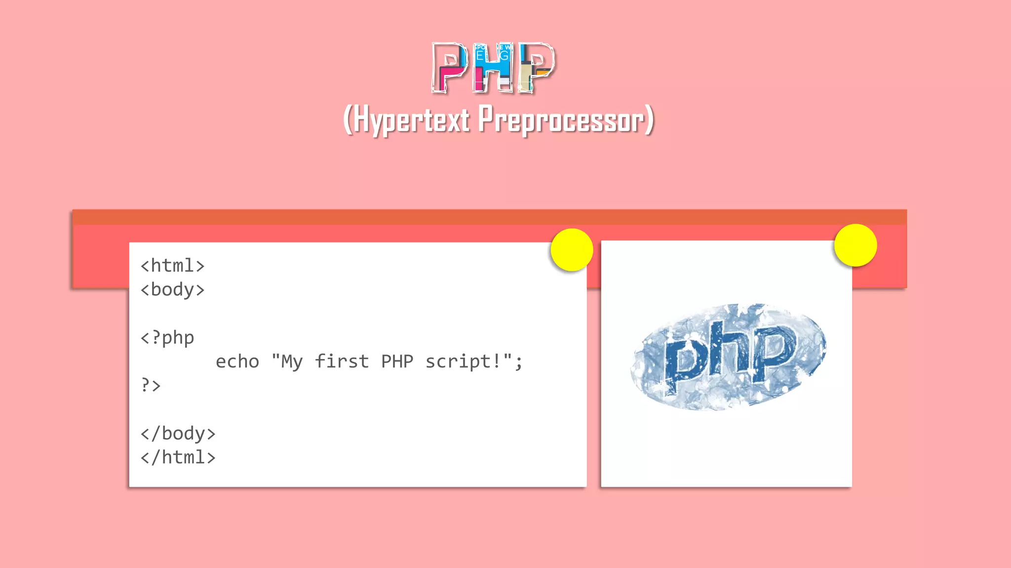 <html>
<body>
<?php
echo "My first PHP script!";
?>
</body>
</html>
(Hypertext Preprocessor)
 