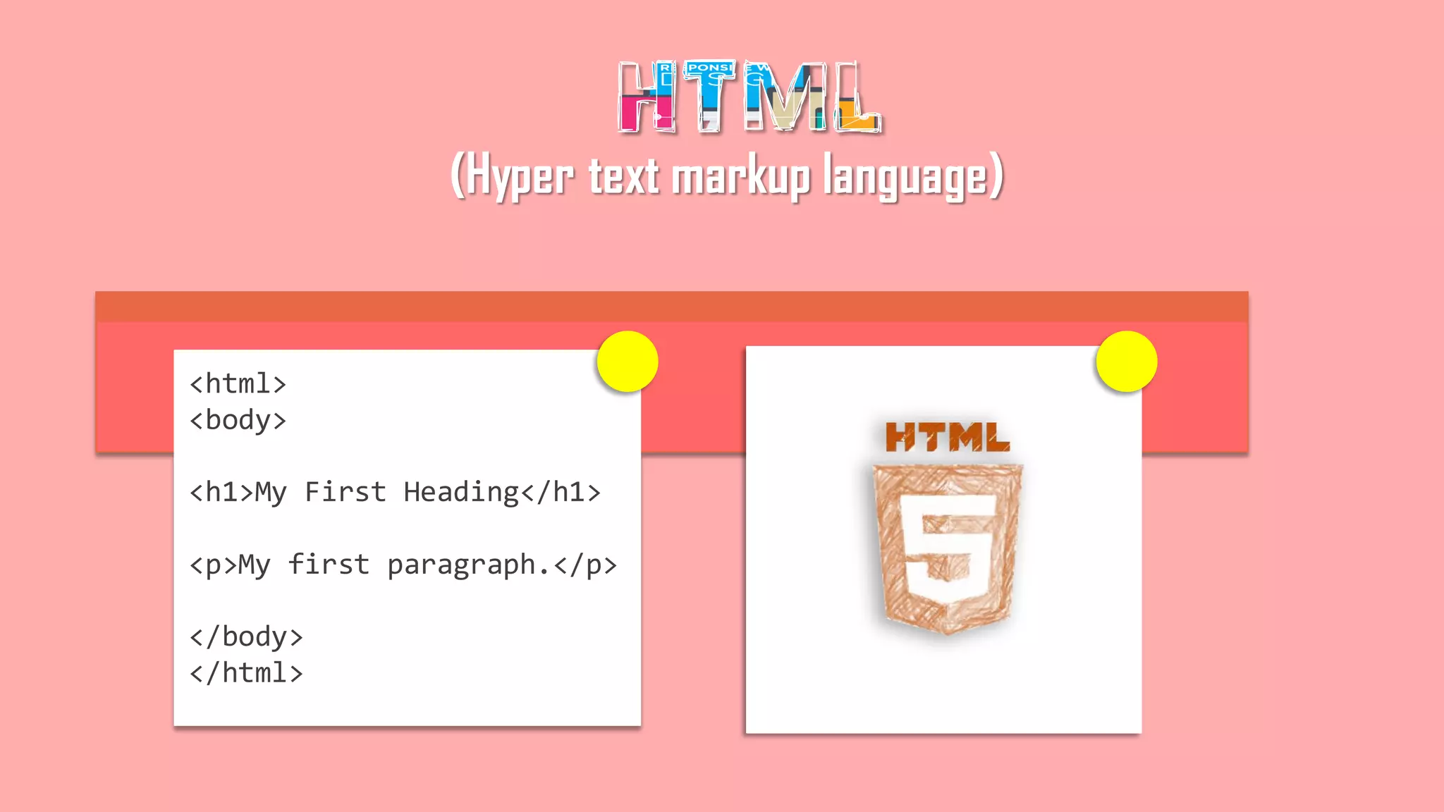 (Hyper text markup language)
<html>
<body>
<h1>My First Heading</h1>
<p>My first paragraph.</p>
</body>
</html>
 