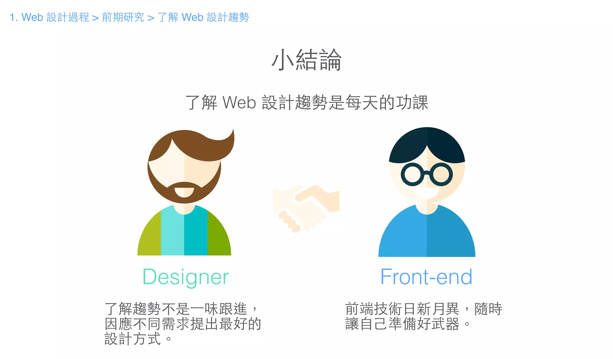 ⼩小結論
了解 Web 設計趨勢是每天的功課
了解趨勢不是⼀一味跟進，
因應不同需求提出最好的
設計⽅方式。
前端技術⽇日新⽉月異，隨時
讓⾃自⼰己準備好武器。
Designer Front-end
1. Web 設計過程 > 前期研究 > 了解 Web 設計趨勢
 
