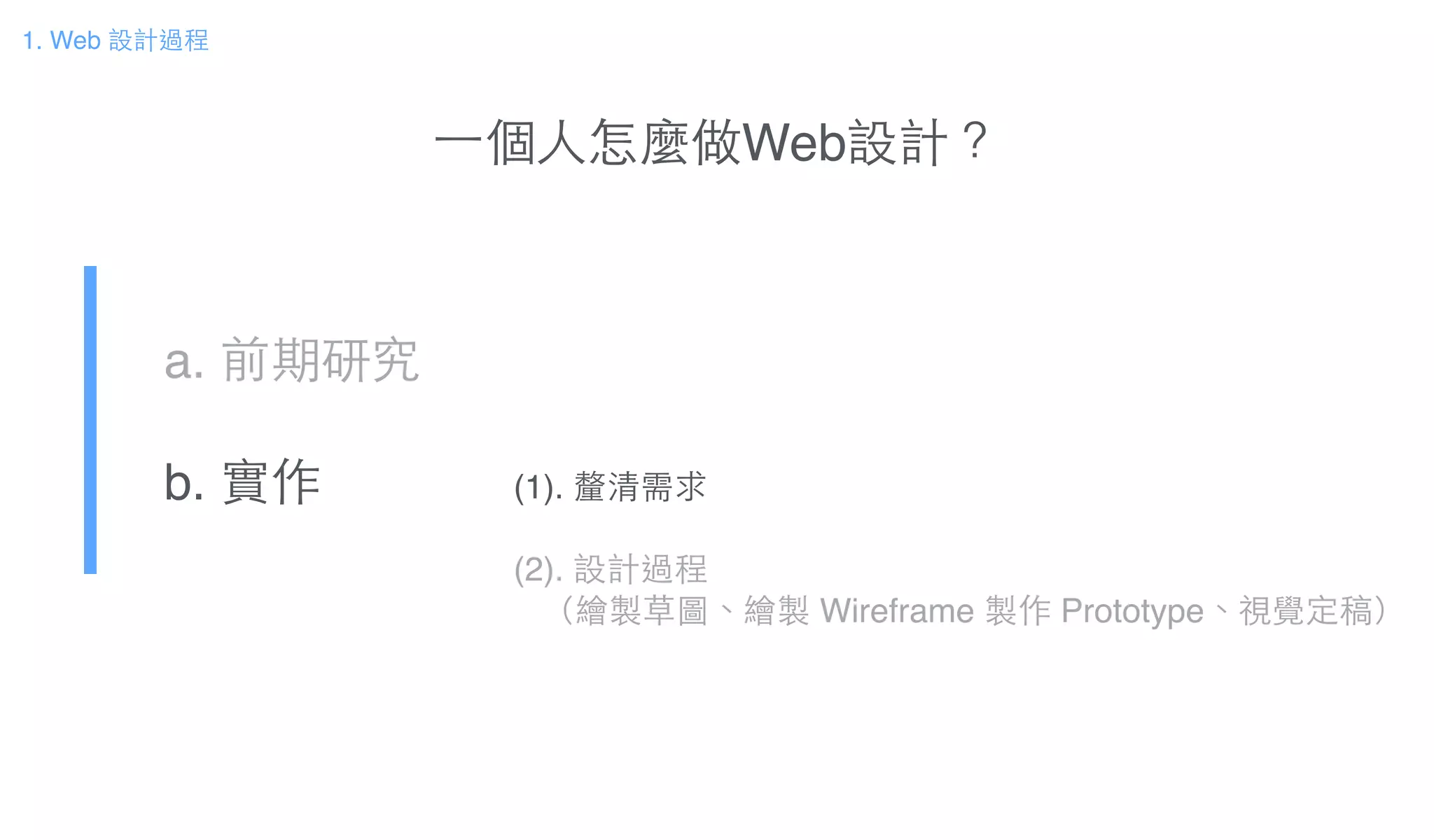 ⼀一個⼈人怎麼做Web設計？
a. 前期研究!
b. 實作
1. Web 設計過程
(1). 釐清需求!
!
(2). 設計過程!
（繪製草圖、繪製 Wireframe 製作 Prototype、視覺定稿）
 