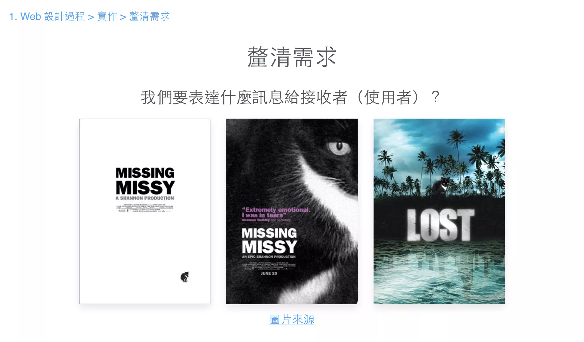 釐清需求
1. Web 設計過程 > 實作 > 釐清需求
我們要表達什麼訊息給接收者（使⽤用者）？
圖⽚片來源
 