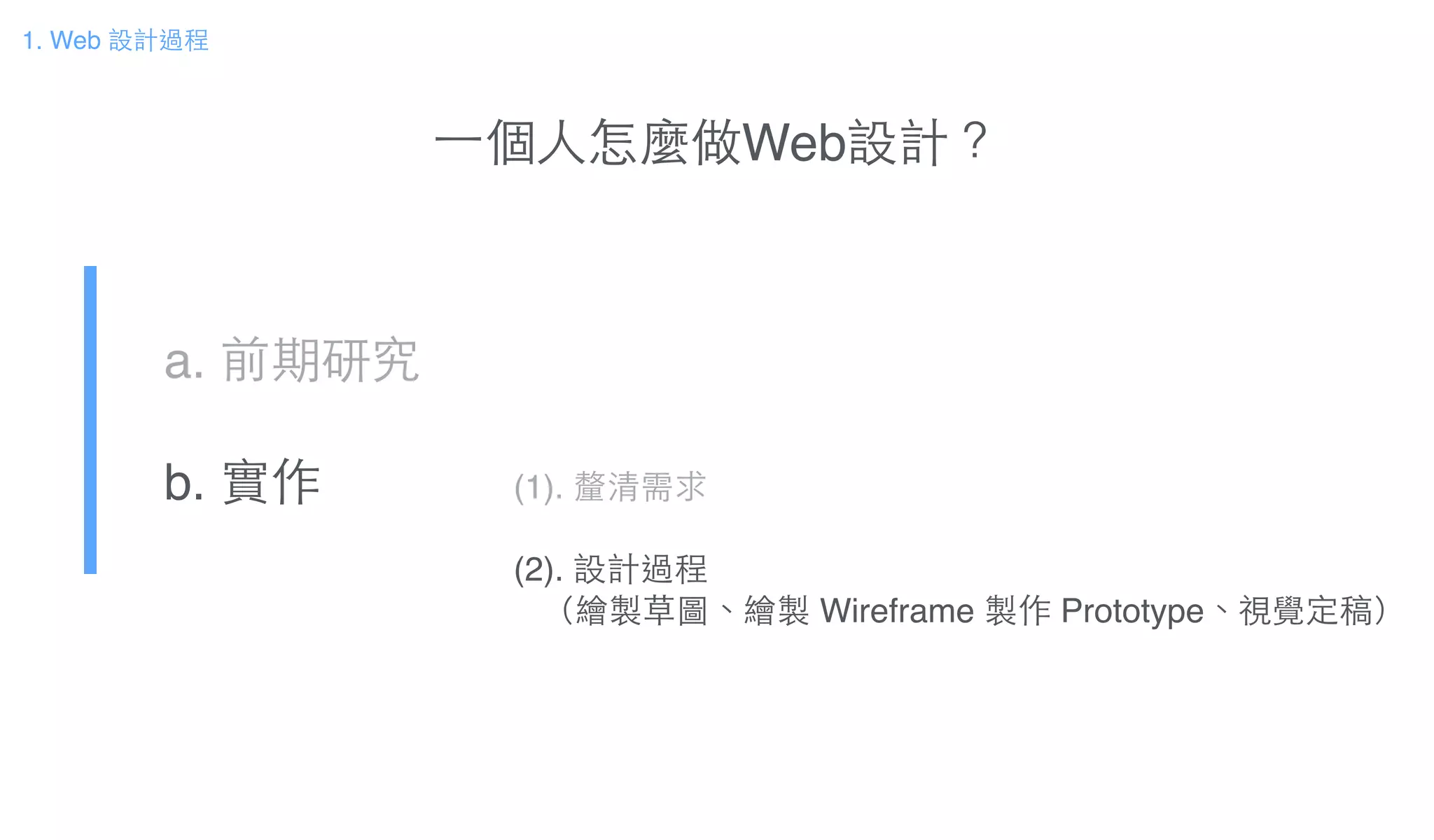 ⼀一個⼈人怎麼做Web設計？
a. 前期研究!
b. 實作
1. Web 設計過程
(1). 釐清需求!
!
(2). 設計過程!
（繪製草圖、繪製 Wireframe 製作 Prototype、視覺定稿）
 