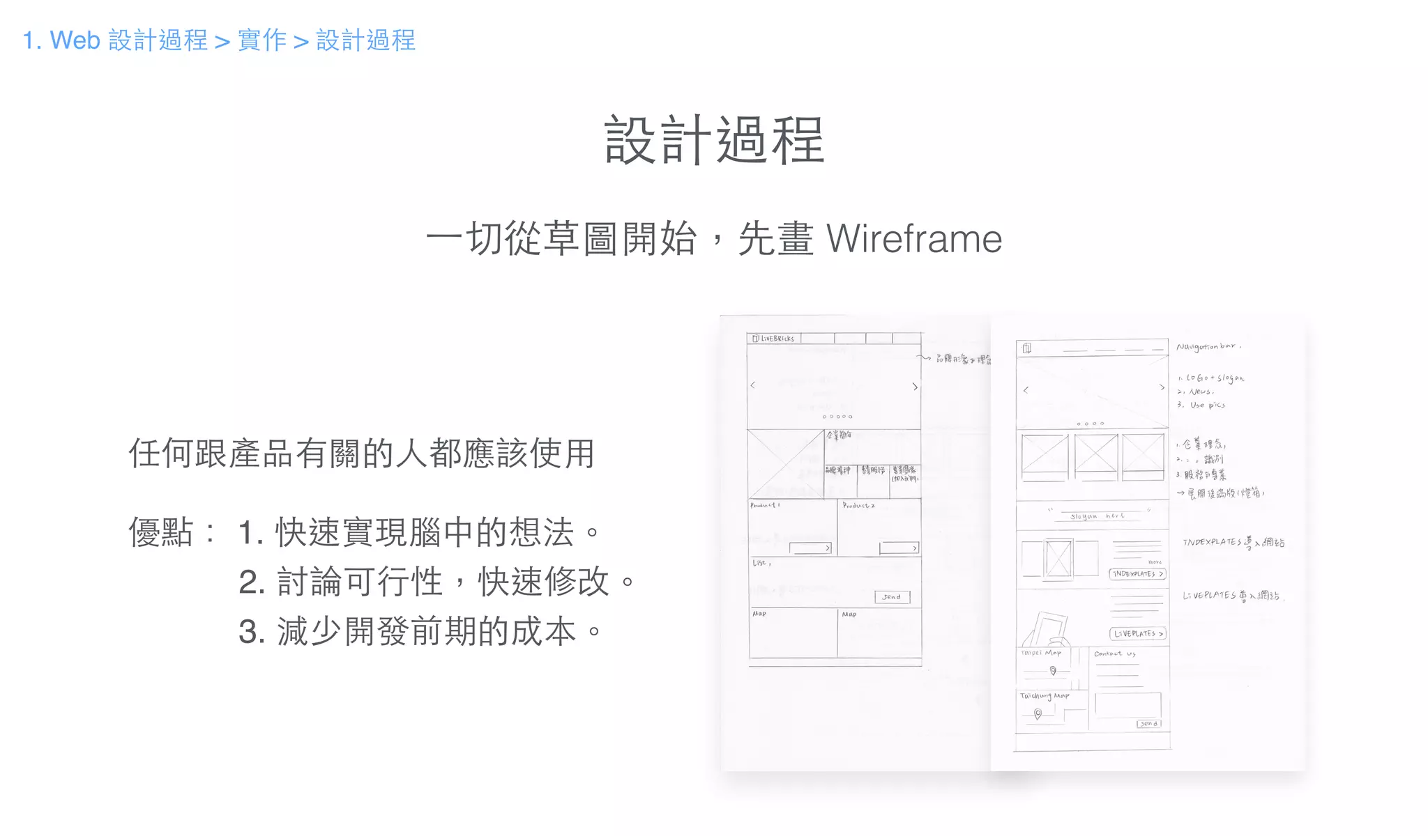 設計過程
⼀一切從草圖開始，先畫 Wireframe
任何跟產品有關的⼈人都應該使⽤用!
!
優點： 1. 快速實現腦中的想法。!
2. 討論可⾏行性，快速修改。!
3. 減少開發前期的成本。
1. Web 設計過程 > 實作 > 設計過程
 