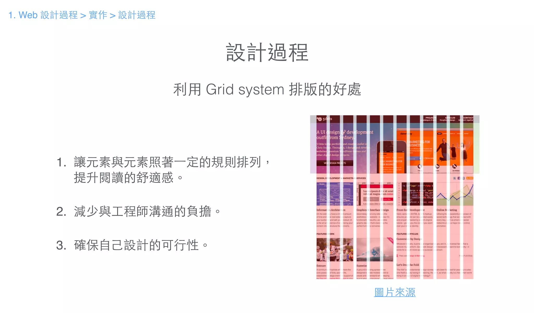 設計過程
利⽤用 Grid system 排版的好處
圖⽚片來源
1. 讓元素與元素照著⼀一定的規則排列，
提升閱讀的舒適感。!
!
2. 減少與⼯工程師溝通的負擔。!
!
3. 確保⾃自⼰己設計的可⾏行性。
1. Web 設計過程 > 實作 > 設計過程
 