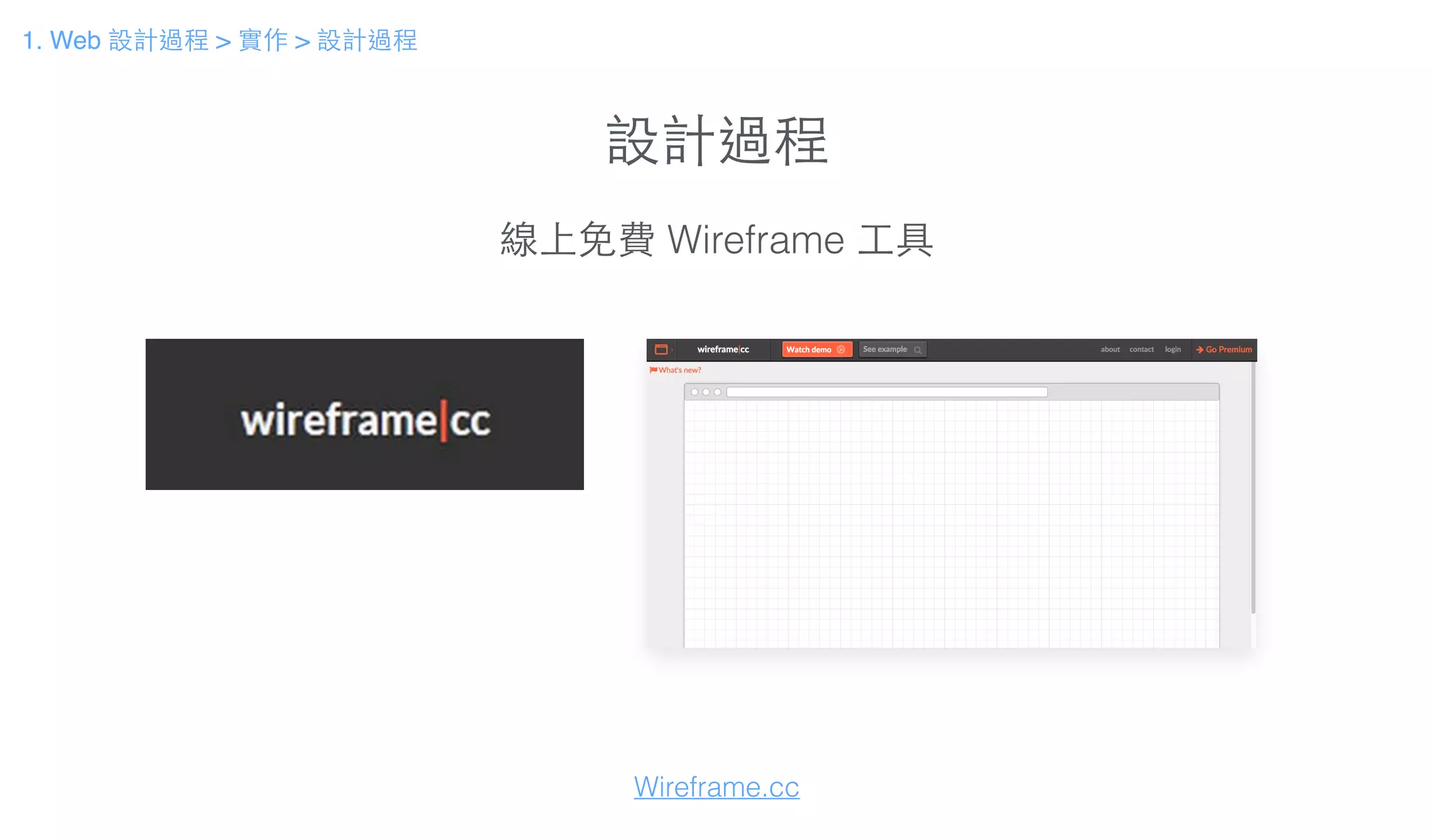 設計過程
線上免費 Wireframe ⼯工具
Wireframe.cc
1. Web 設計過程 > 實作 > 設計過程
 