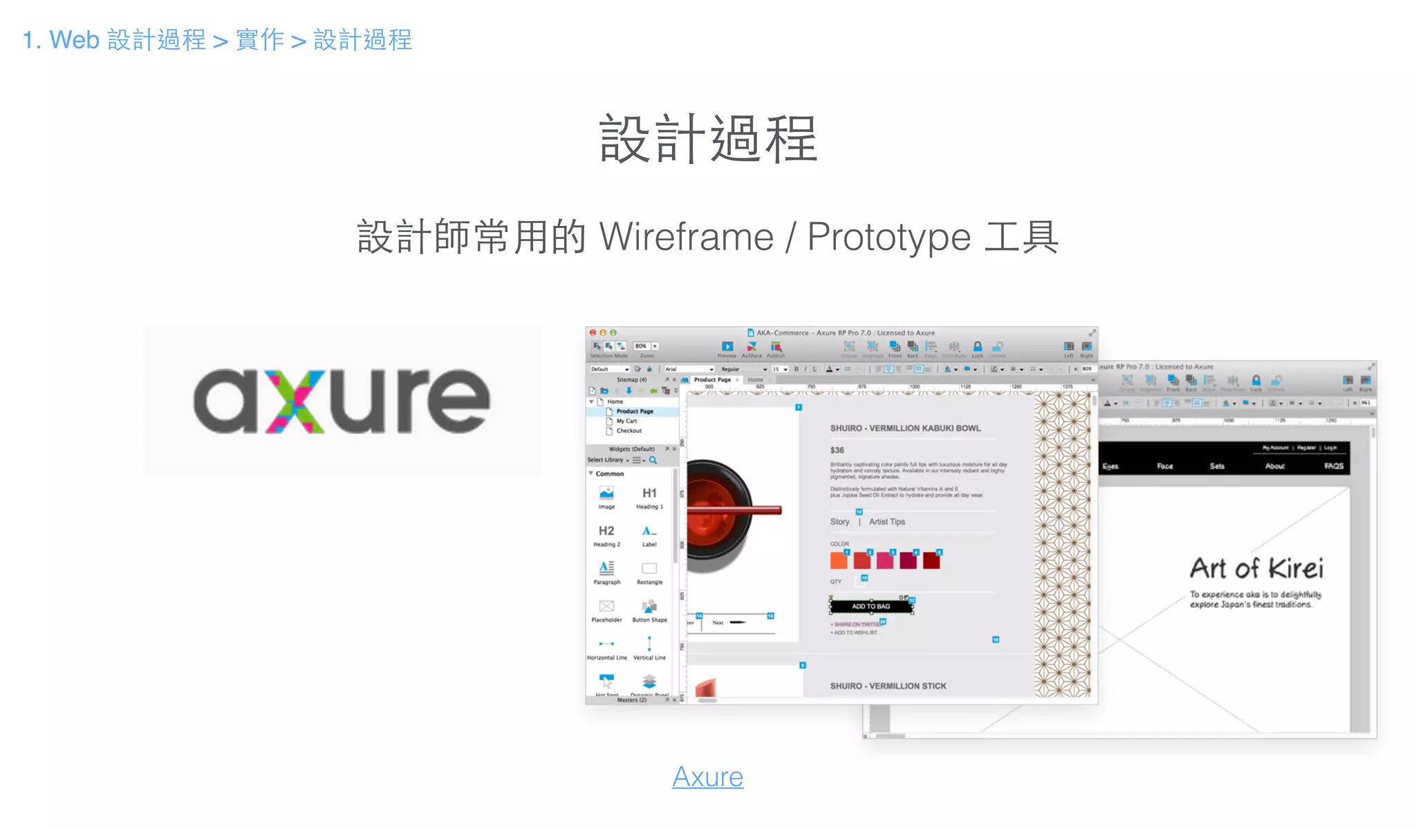 設計過程
設計師常⽤用的 Wireframe / Prototype ⼯工具
Axure
1. Web 設計過程 > 實作 > 設計過程
 
