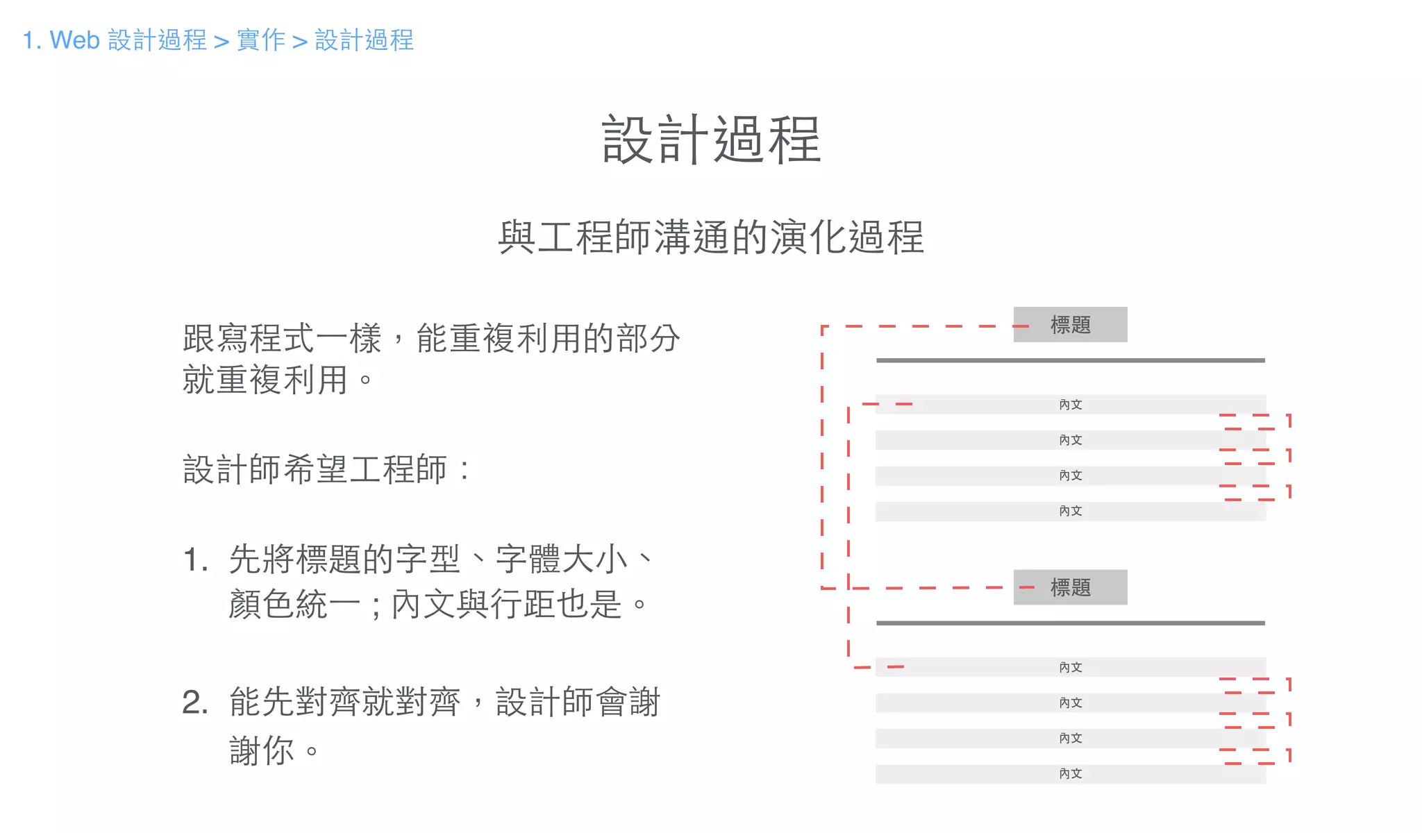 設計過程
與⼯工程師溝通的演化過程
跟寫程式⼀一樣，能重複利⽤用的部分
就重複利⽤用。!
!
設計師希望⼯工程師：!
!
1. 先將標題的字型、字體⼤大⼩小、
顏⾊色統⼀一 ; 內⽂文與⾏行距也是。!
!
2. 能先對⿑齊就對⿑齊，設計師會謝!
謝你。
1. Web 設計過程 > 實作 > 設計過程
 