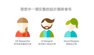 理想中⼀一個完整的設計團隊會有
UI Designer!
使⽤用者介⾯面設計師
Visual Designer!
視覺設計師
UX Researcher!
使⽤用者經驗研究員
 