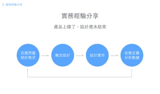 實務經驗分享
2. 實務經驗分享
產品上線了，設計還未結束
定義問題
探討需求
概念設計 設計實作
收集反饋
分析數據
 