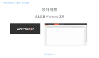 設計過程
線上免費 Wireframe ⼯工具
Wireframe.cc
1. Web 設計過程 > 實作 > 設計過程
 