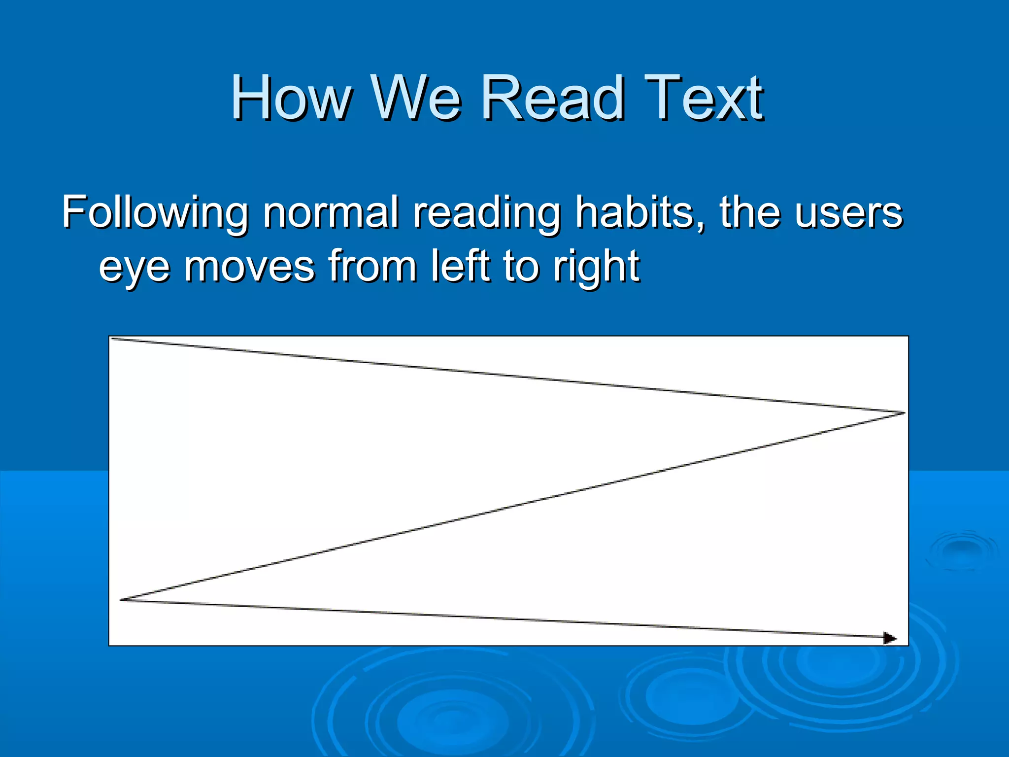 How We Read TextHow We Read Text
Following normal reading habits, the usersFollowing normal reading habits, the users
eye moves from left to righteye moves from left to right
 