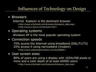 13
Influences of Technology on Design
• Browsers
Internet Explorer is the dominant browser
<http://www.w3schools.com/browsers/browsers_stats.asp>
<http://www.e-janco.com/browser.htm>
• Operating systems
Windows XP is the most popular operating system
• Connection speeds
75% access the Internet using broadband (DSL/T1/T3)
25% access it using narrowband (modem)
<http://www.websiteoptimization.com/bw/0609/>
• User screen sizes
80% of users are using a display with 1024x768 pixels or
more and a color depth of at least 65000 colors
<http://www.w3schools.com/browsers/browsers_stats.asp>
 