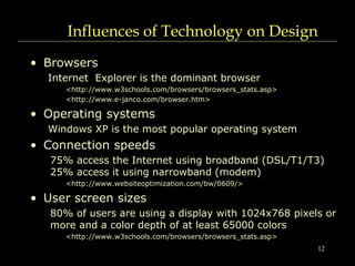 12
Influences of Technology on Design
• Browsers
Internet Explorer is the dominant browser
<http://www.w3schools.com/browsers/browsers_stats.asp>
<http://www.e-janco.com/browser.htm>
• Operating systems
Windows XP is the most popular operating system
• Connection speeds
75% access the Internet using broadband (DSL/T1/T3)
25% access it using narrowband (modem)
<http://www.websiteoptimization.com/bw/0609/>
• User screen sizes
80% of users are using a display with 1024x768 pixels or
more and a color depth of at least 65000 colors
<http://www.w3schools.com/browsers/browsers_stats.asp>
 
